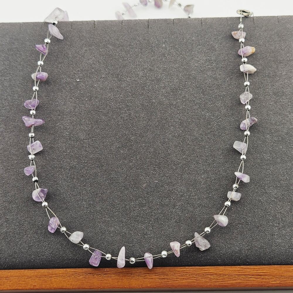 Lavender Purple Stone Chip Beaded Necklace Floating Wire Fairycore Hippie Boho
